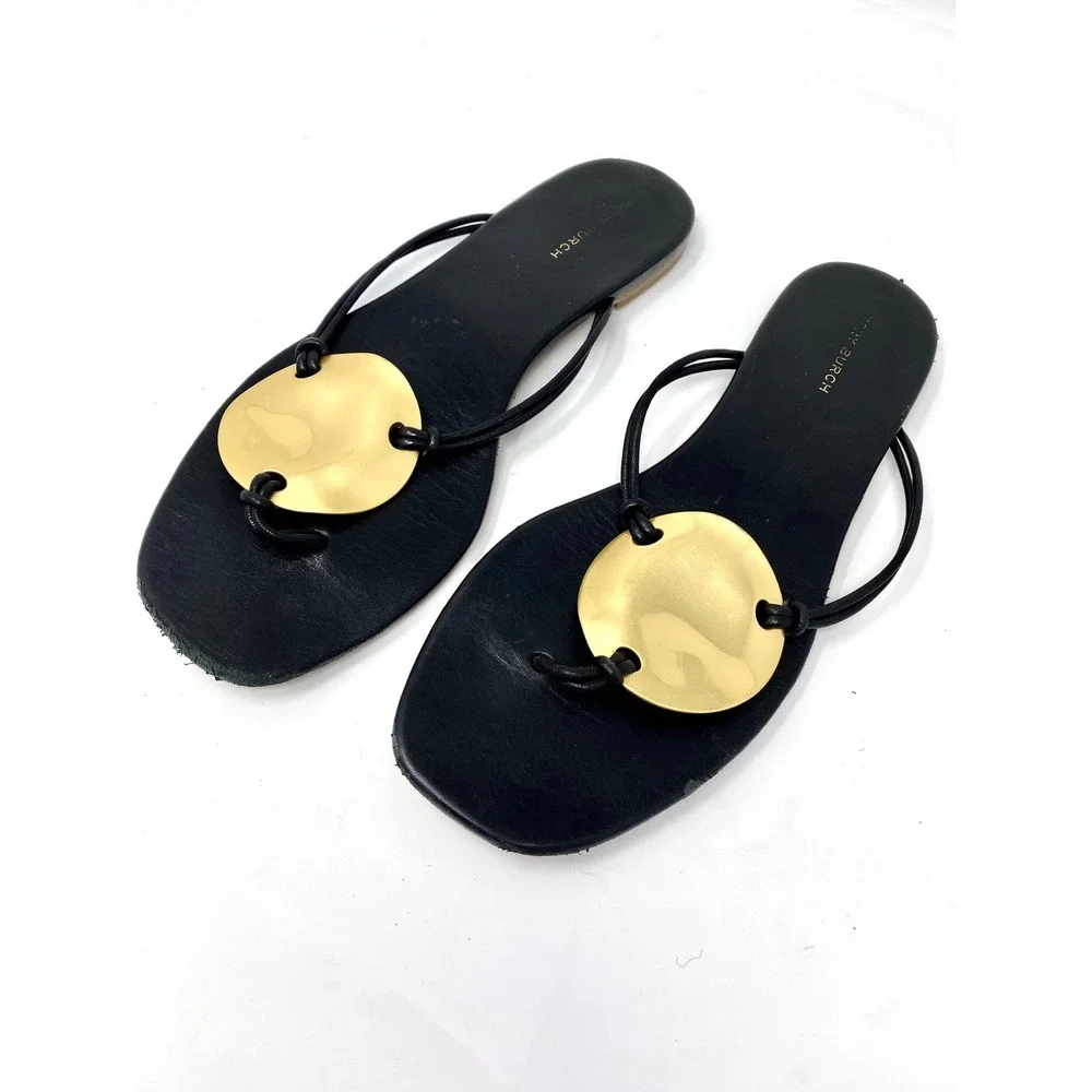 TORY BURCH BLACK LEATHER HAMMERED GOLD DISC THONG SANDALS SIZE 7